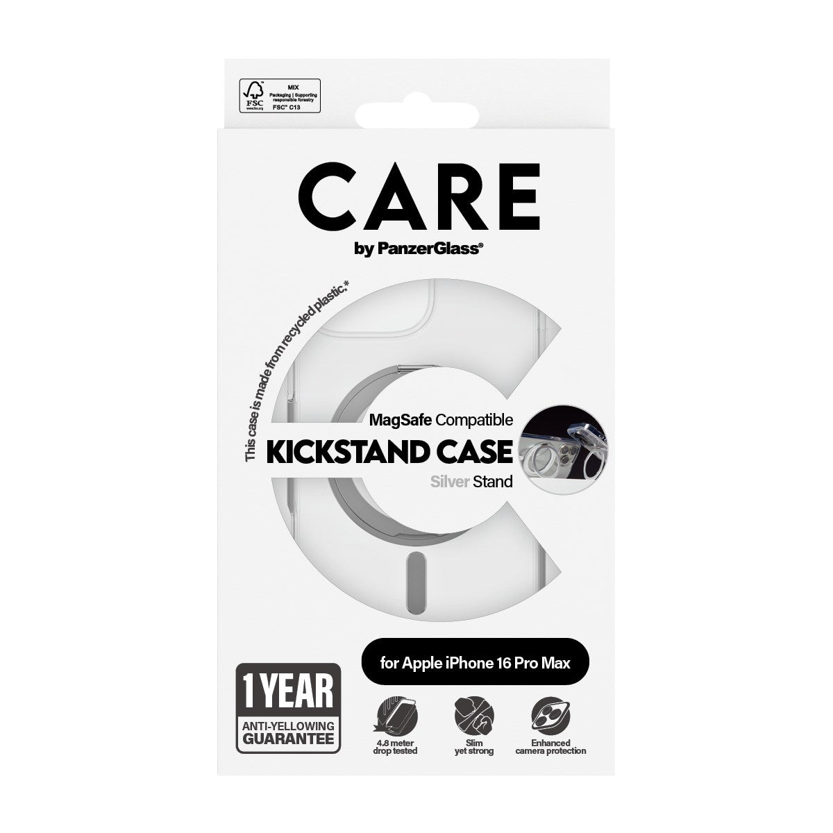 CARE by PanzerGlass® Feature Case Transparent m. Silber Kickstand & MagSafe iPhone 16 Pro Max